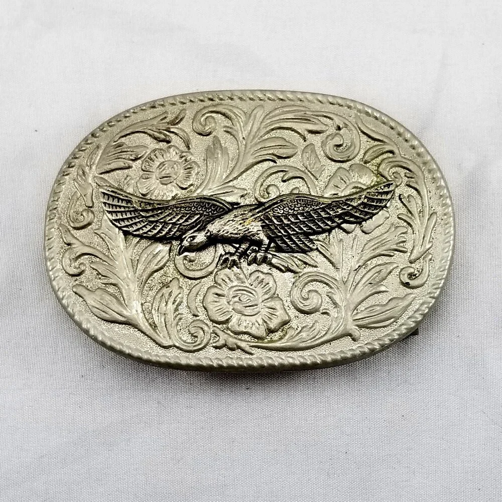 Vintage Western Cowboy Belt Buckle Silver‎ Tone Eagle Floral Engraved Design